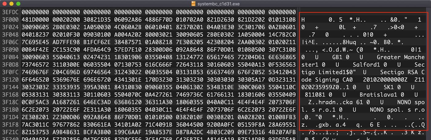 Hex dump of systembc_c1d31.exe displaying embedded certificate fields including 'Sectigo RSA Code Signing CA' and ‘Greater Manchester’, suggesting spoofed certificate details.