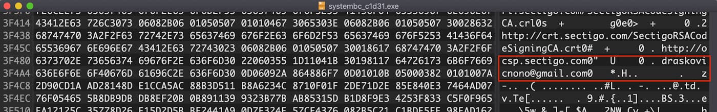 Hexadecimal dump from systembc_c1d31.exe revealing hardcoded email string ‘draskovicnono@gmail.com’ and associated domain ‘csp.sectigo.com’.