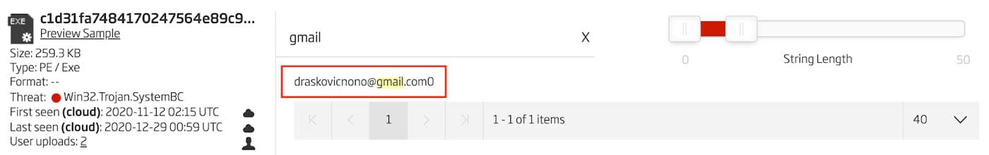 Threat intelligence search result showing email draskovicnono@gmail.com embedded in a sample classified as Win32.Trojan.SystemBC.