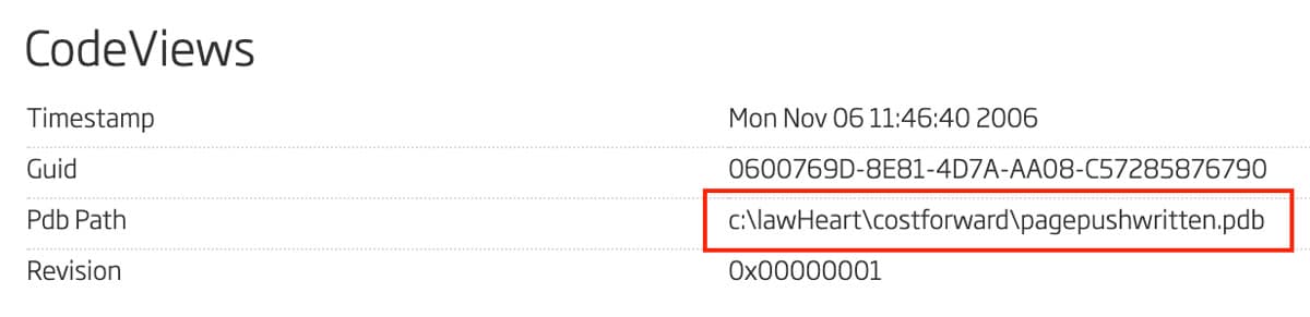 CodeView metadata showing a debug PDB path: c:\lawHeart\costforward\pagepushwritten.pdb, revealing possible developer environment or campaign codename.