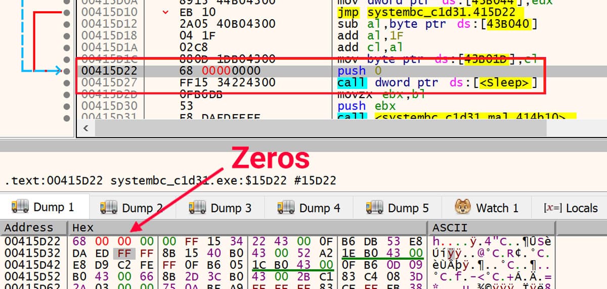 Disassembly view showing a patched call [<sleep>] instruction in systembc_c1d31.exe where the push value is zero, likely for sandbox evasion.