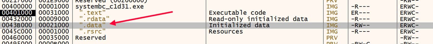 PE section headers view for systembc_c1d31.exe, highlighting the .data segment, which is marked as writable and contains initialized data.