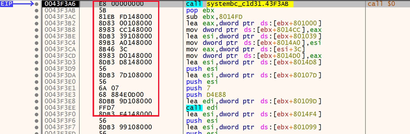 Function prologue followed by nested calls to systembc_c1d31.43F3AB, showing multiple register loads, pushes, and indirect function calls—likely part of a dynamic loader.
