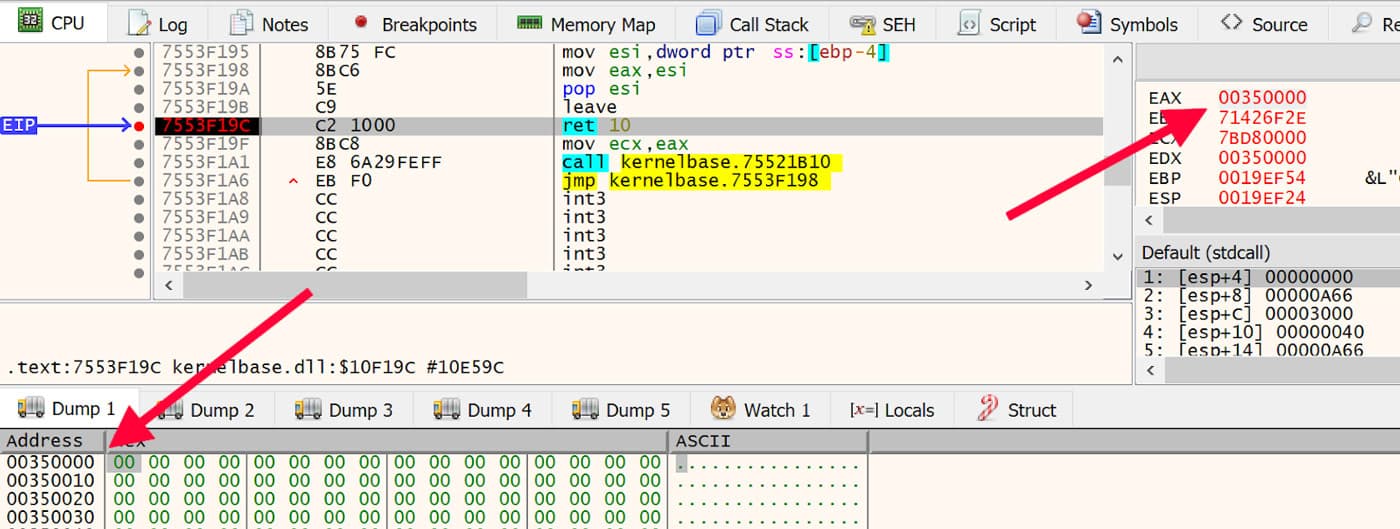 Debugger view showing a call to kernelbase.75521B10 followed by jmp kernelbase.7553F198, with memory at EAX (0x00350000) filled with null bytes.