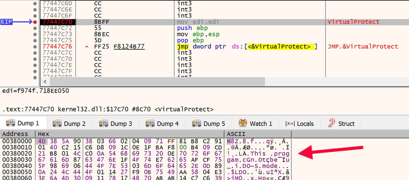 Dynamic analysis view showing a jump to VirtualProtect, with accompanying memory dump revealing ASCII string ‘.prog... This program...’ suggesting shellcode unpacking.