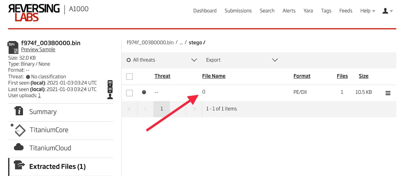 A ReversingLabs A1000 UI screenshot displaying metadata for a binary file named f974f_00380000.bin, 32.0 KB in size. The file has no classification and one extracted file listed with filename "0", in PE/DLL format and size 10.5 KB. A red arrow points to the extracted file name column.