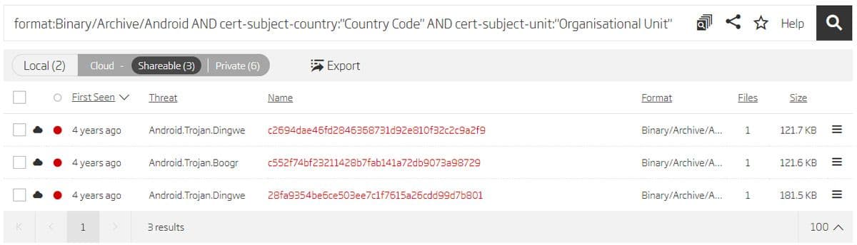 Search based on certificate data  This resulted in three new samples. Analyzing these samples with the Titanium Platform showed that all of them had the same “com.android.providers.optimizer” package name as the sample provided in the report. We can assume that these are samples of the same malware. Comparing the time when the samples were first seen in the ReversingLabs cloud with the time of validation of the certificates used for signing the APK binaries can give us a clue about the evolution of the malware.  Time relations between malware samples Time relations between malware samples  Reversing the sample The found samples are obviously older versions of malware, which were analyzed and compared to the version described in the report. A brief static analysis shows that the older samples require a more extensive list of permissions, and that they don’t include the libOptimizer.so file which is, as described in the report, responsible for the generation of the AES key. Older versions also don’t include the tmp.tmp resource referenced by the mentioned libOptimizer.so file.