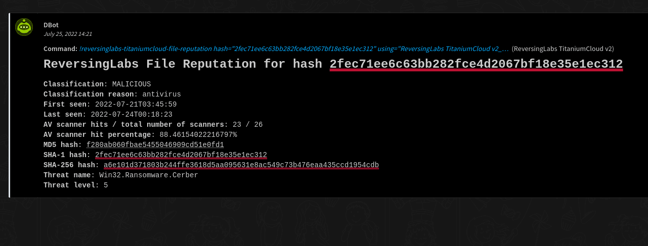 Human readable output from the File Reputation command