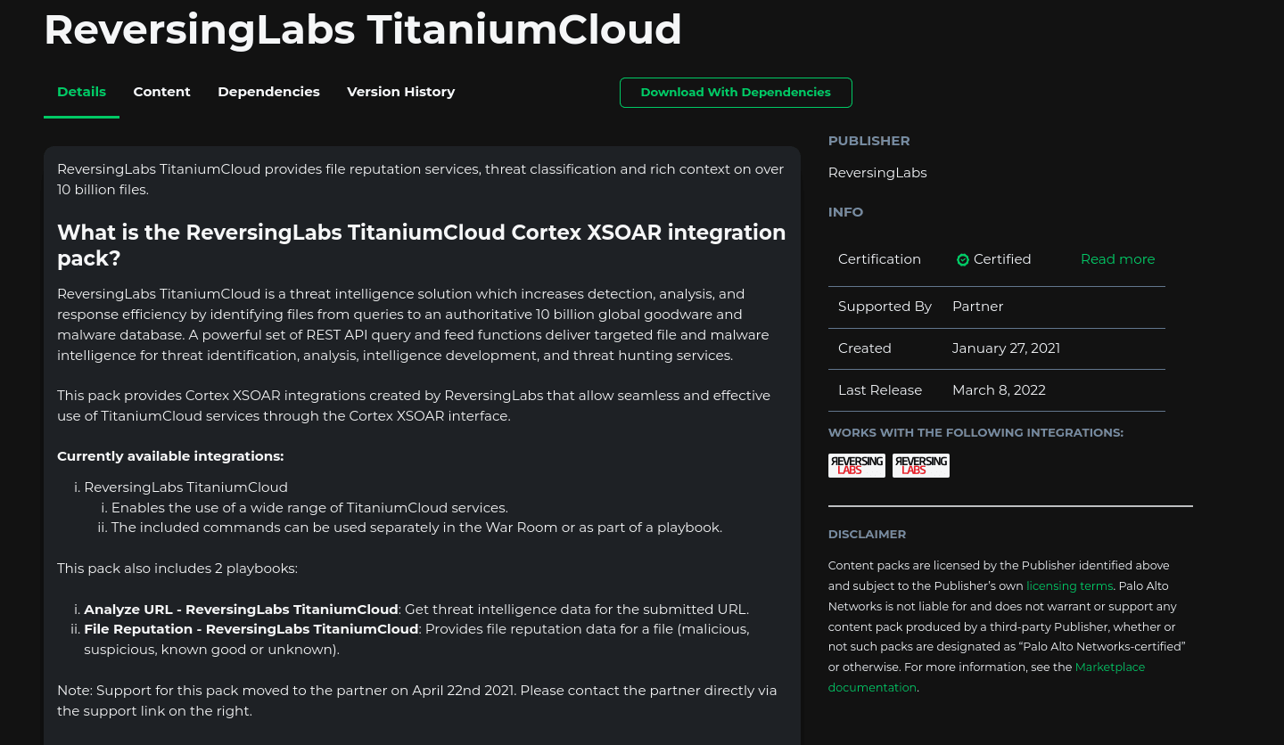 ReversingLabs TitaniumCloud app details on the XSOAR Marketplace