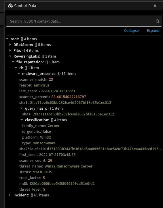 xSOAR Context data from the File Reputation command
