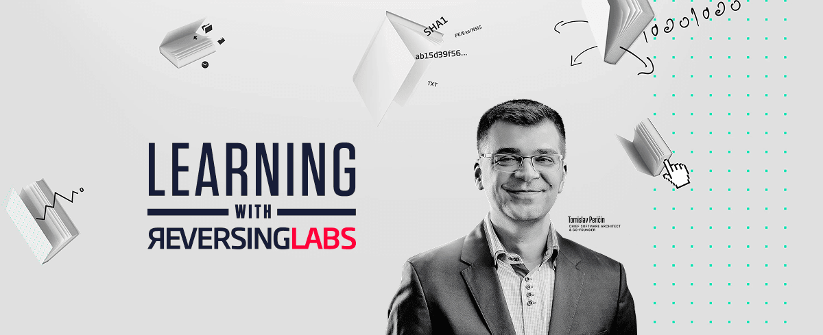 Tomislav Pericin in front of flying books, Learning with ReversingLabs text logo