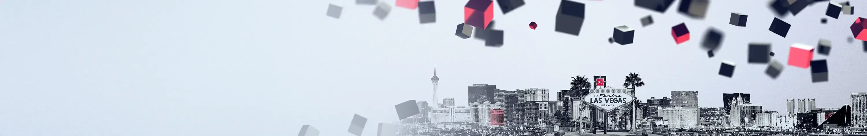 las vegas skyline with red and black cubes floating