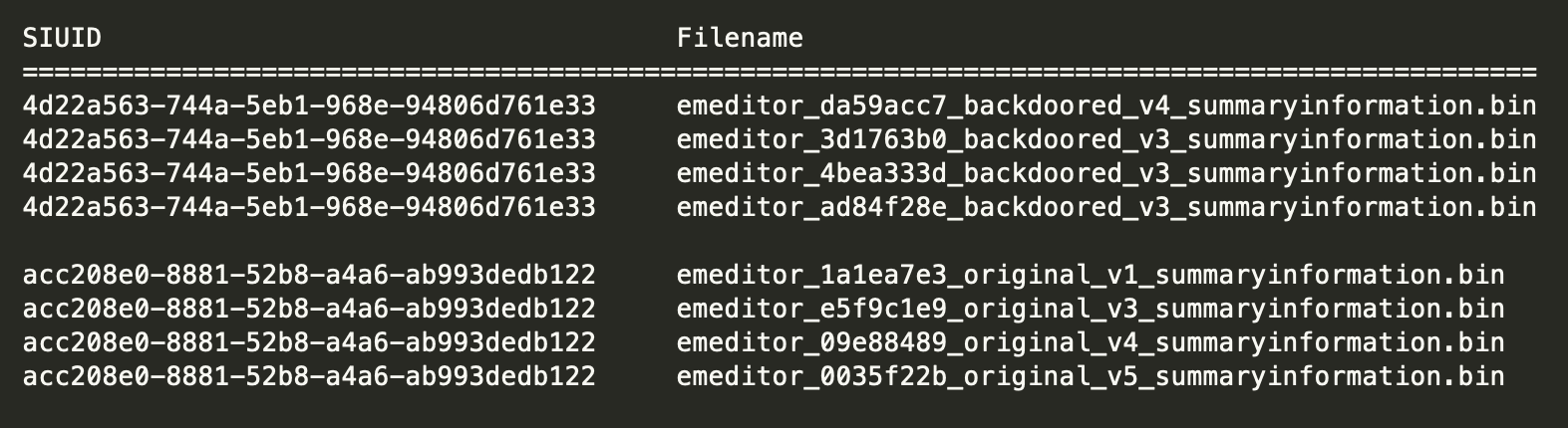 Two clusters of installers by order of SummaryInformation properties