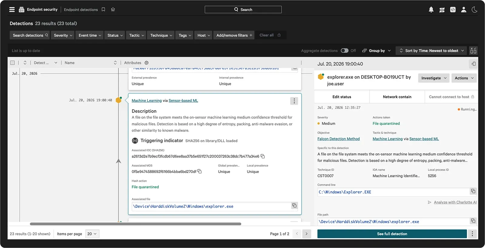 CrowdStrike Falcon alert before enrichment — show a Falcon console detection with sparse initial context (e.g., low-severity reputation flag, quarantine action), matching the example described in the body text.