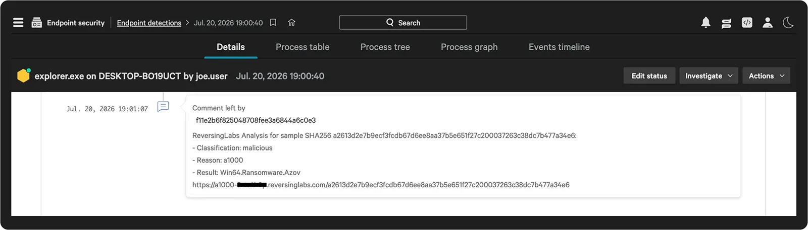 ReversingLabs verdict appearing back in the Falcon alert console — show the same alert from Figure 1 now annotated with the Spectra Analyze verdict, confidence score, and malware family.