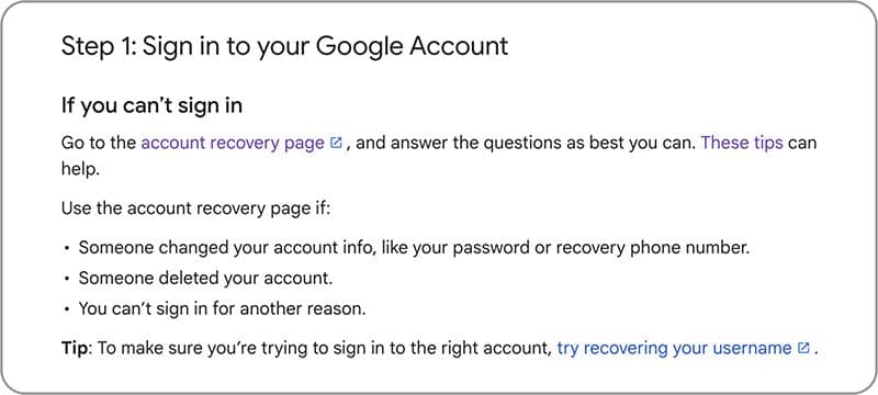 Step 1 of the Google Account recovery process