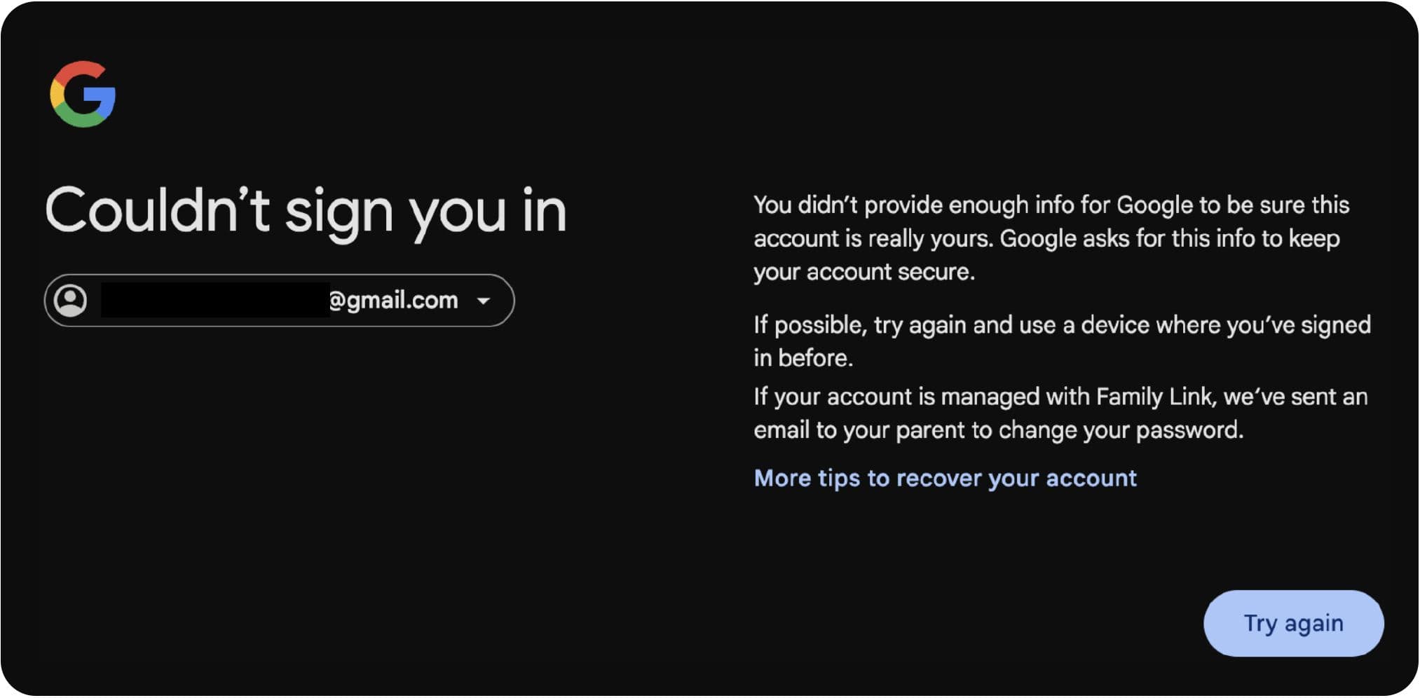 Page explaining lack of details to do recovery, encouraging Family Link intervention to proceed with password change to recover.