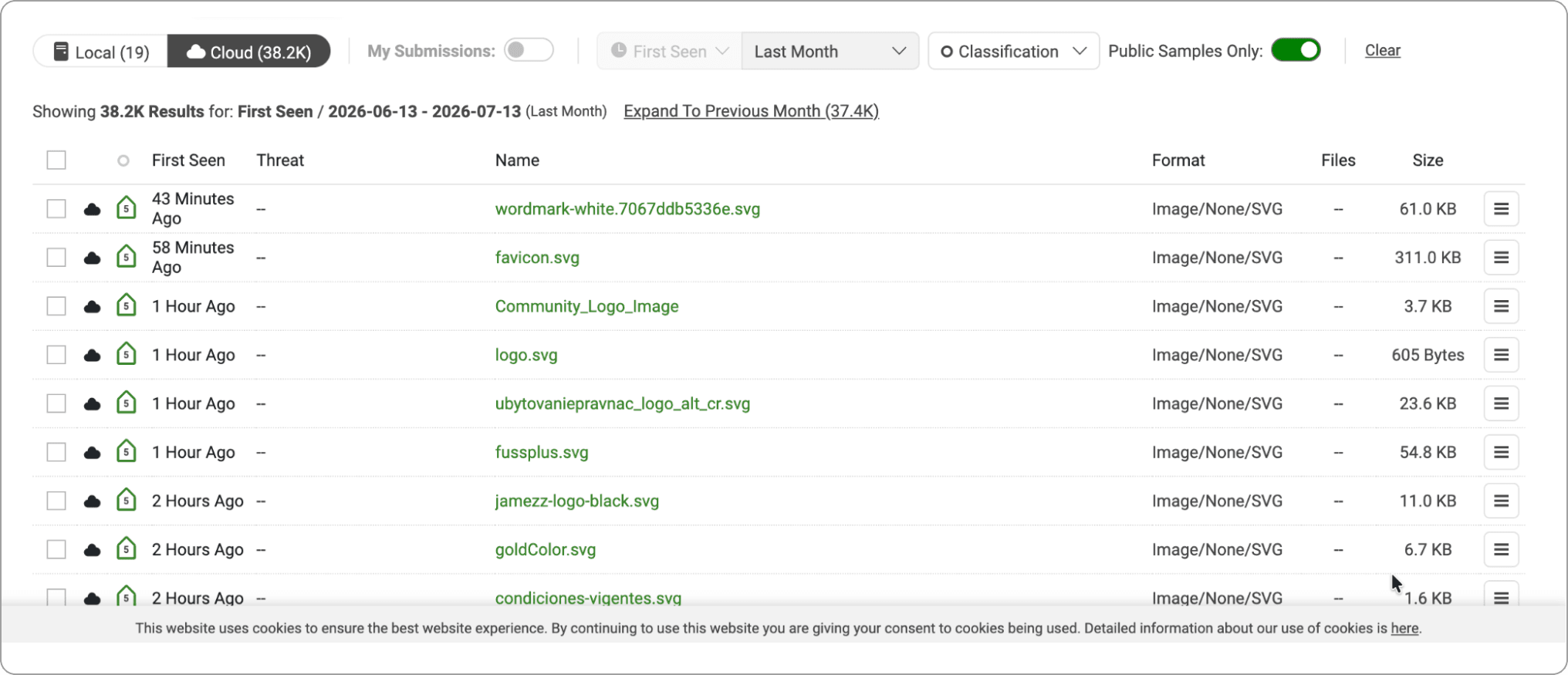 the search results page set to public samples only