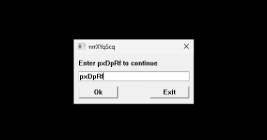 Screenshot of prompt box asking user to enter a randomized string (pxDpRf) to continue.
