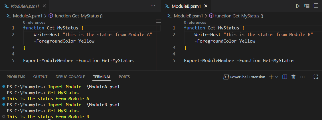 ModuleB clobbers the Get-MyStatus command of ModuleA