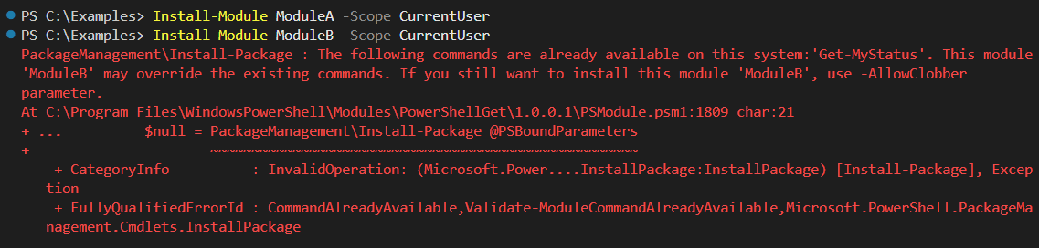 Installing ModuleB which clobbers a command of ModuleA raises a warning
