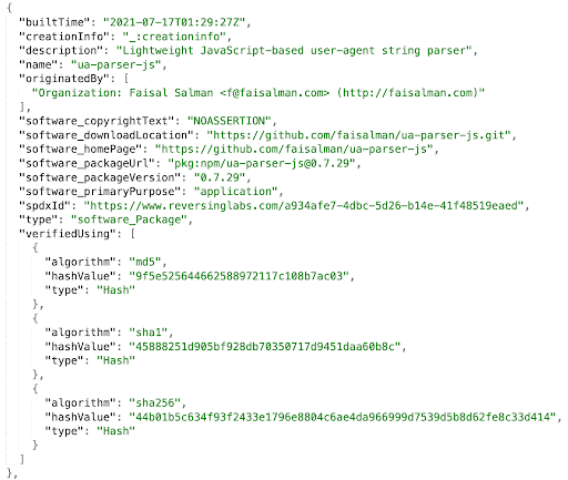 SPDX v3.0 SBOM code example for the us-parser-js v0.7.29 component