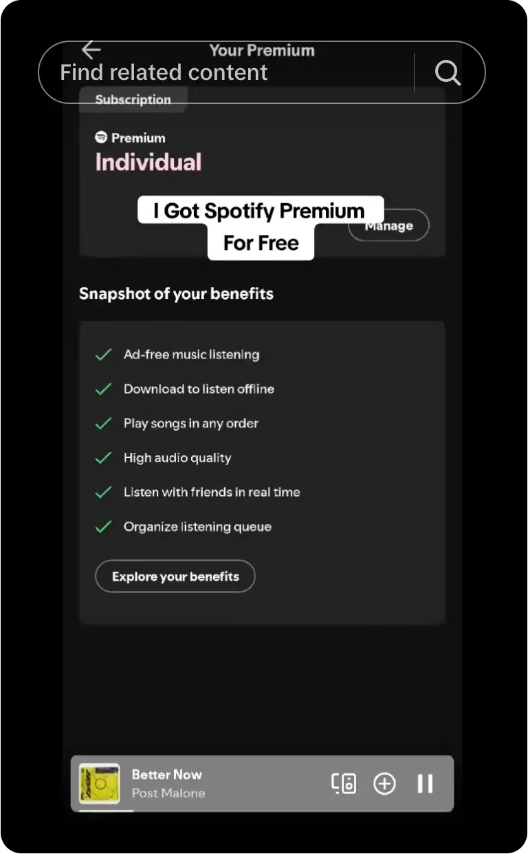 screenshot of videos of the Spotify app with the caption, as seen in a sample lure video posted on TikTok.