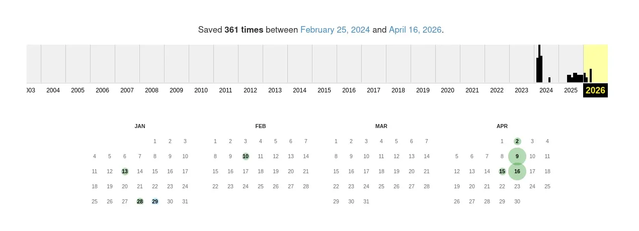 Screenshot of Internet Archive of activity for the webpage containing the brute force function script