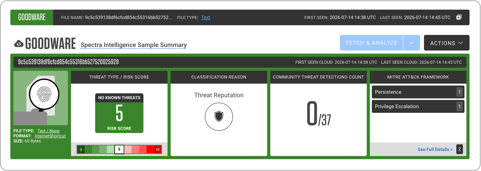 Spectra Intelligence summary for one delivery shortcut, a file that exists only to launch the stager