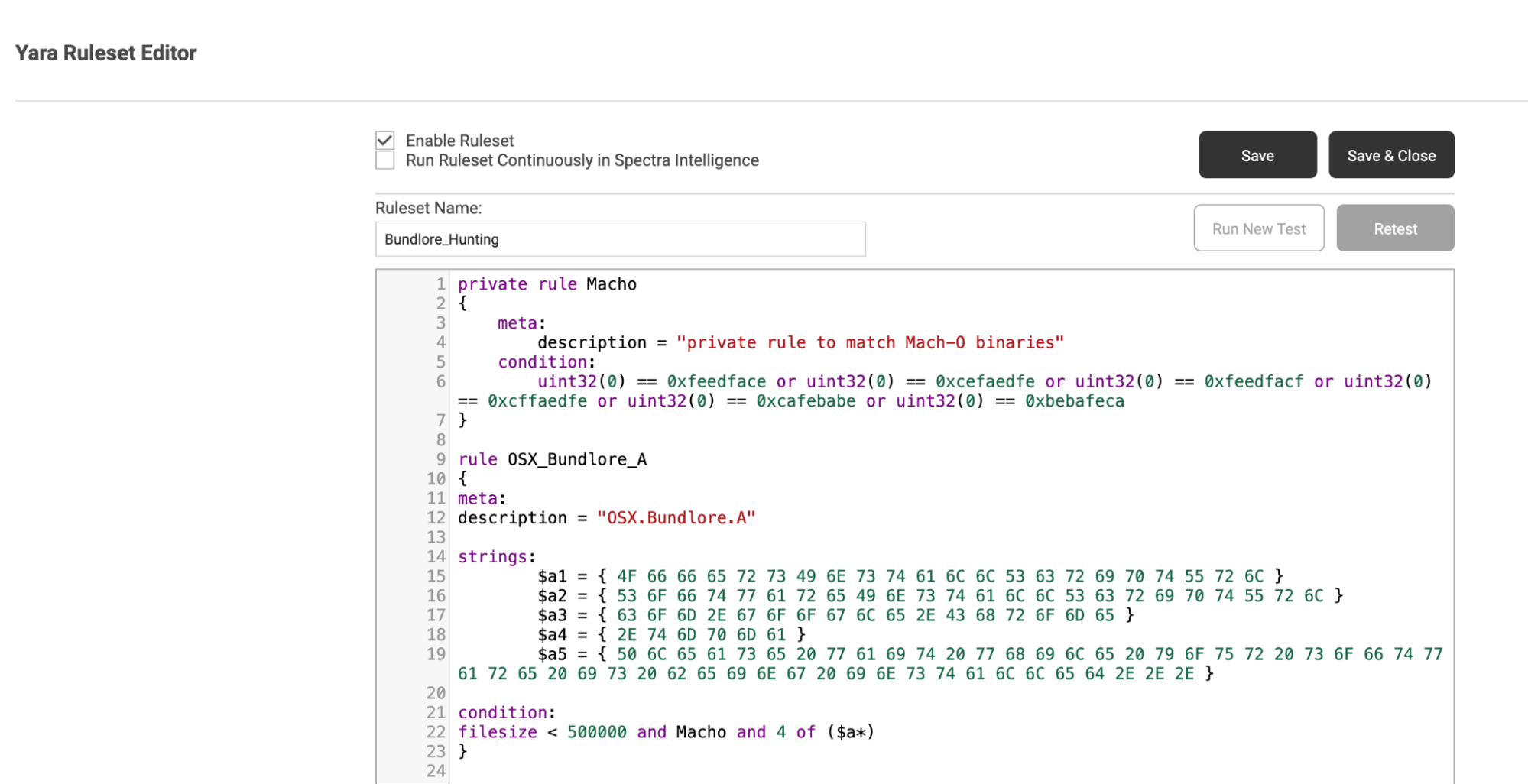 YARA rule editor as seen in Spectra Analyze, with above XProtect rules being added to a new ruleset.