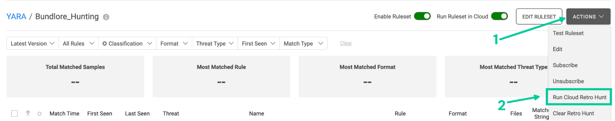Steps in Spectra Analyze to run a YARA cloud retrohunt.