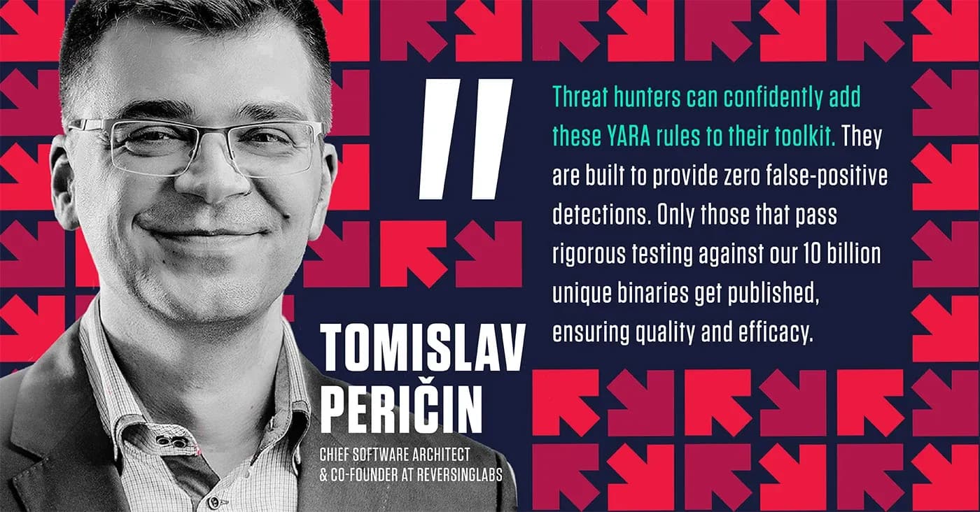 Black-and-white portrait of Tomislav Peričin with a quote about YARA rules' accuracy, highlighting their zero false-positive design and rigorous testing against 10 billion binaries for threat hunters.