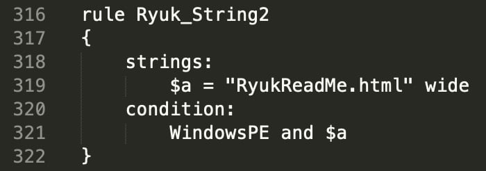 YARA Rule Matching Ryuk String