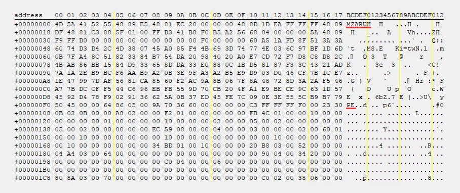 Hex-view after decrypting and traces of a PE file