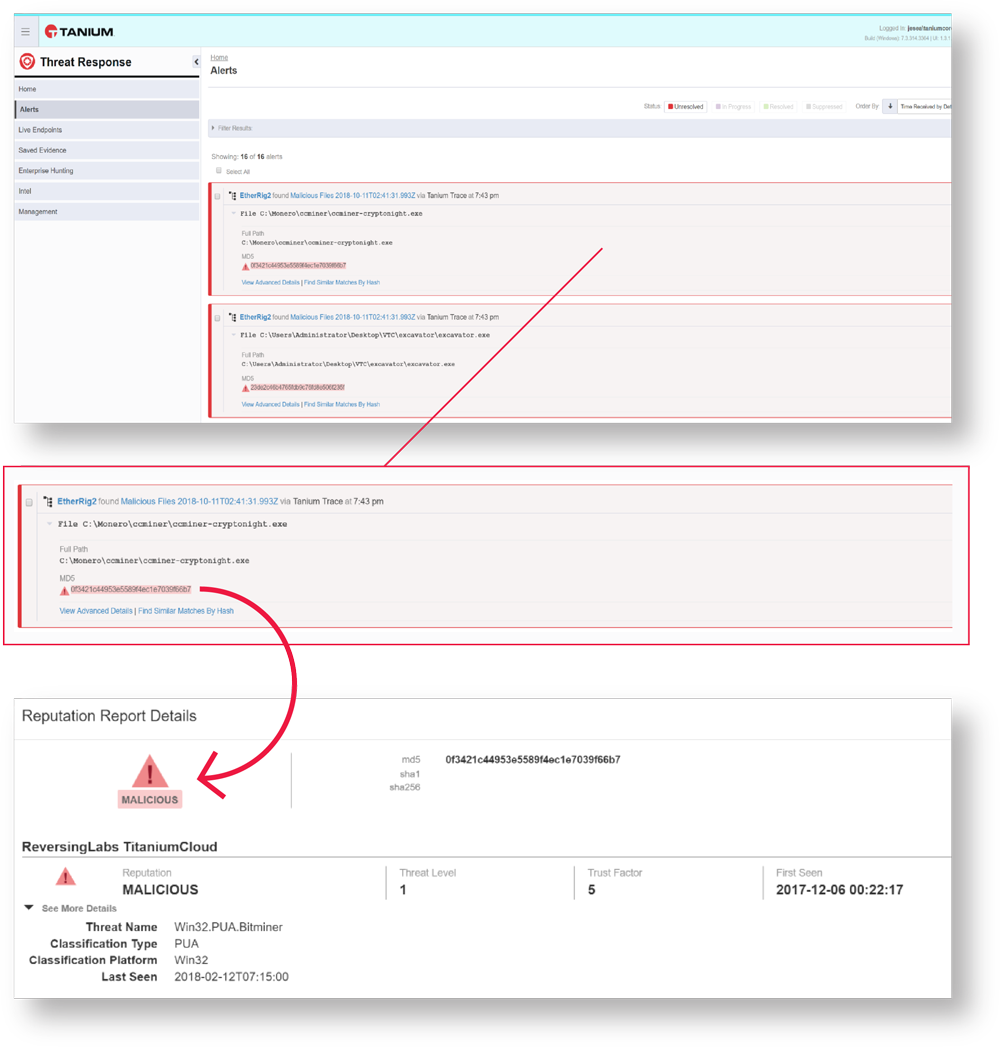 Views of ReversingLabs file context in EDR (Tanium) Interface