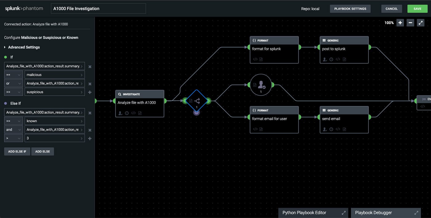 Splunk Phantom Workflow Integrated with ReversingLabs A1000 Investigation Solution