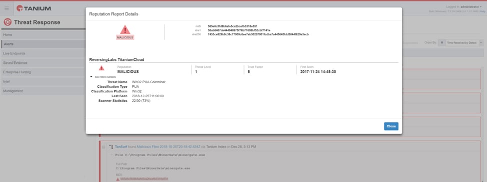 Actionable file intelligence from ReversingLabs displayed in Tanium UI to speed response