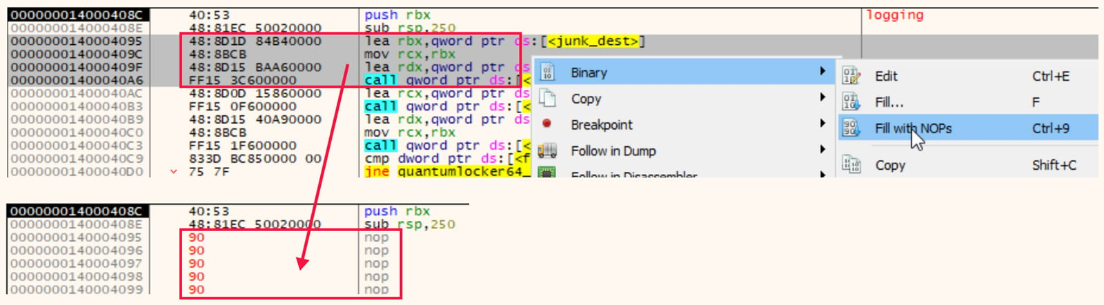 Replace debugger evasion with NOPs in x64dbg
