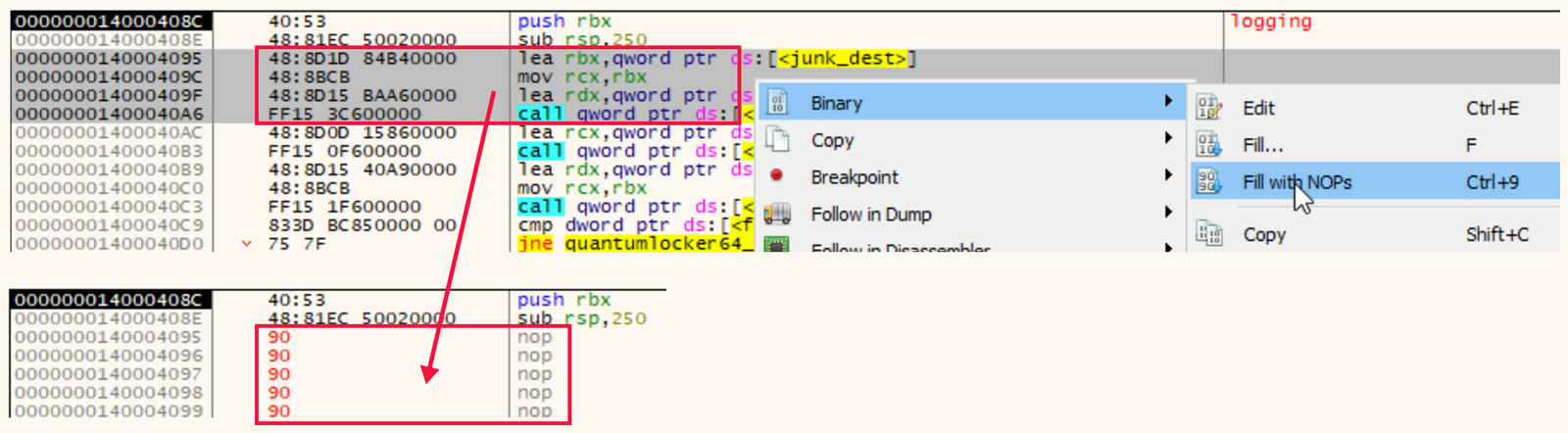 Replace debugger evasion with NOPs in x64dbg