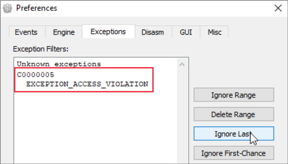 Add access violations to x64dbg exception filter