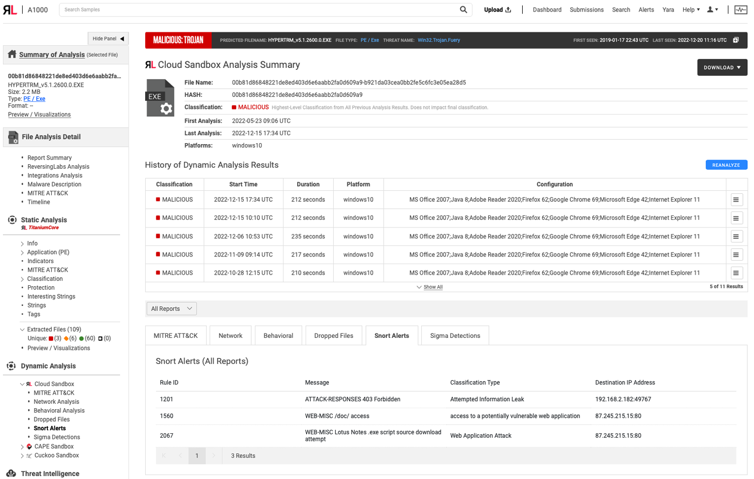 ReversingLabs A1000 Tool - Cloud Sandbox Analysis Summary - Historic Reports - Snort Rules