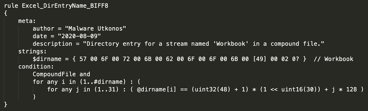 YARA Rule for Identifying Directory Entry Named Workbook