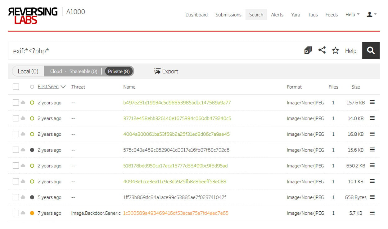 Using A1000’s advanced search to find sample with PHP code in exif tags