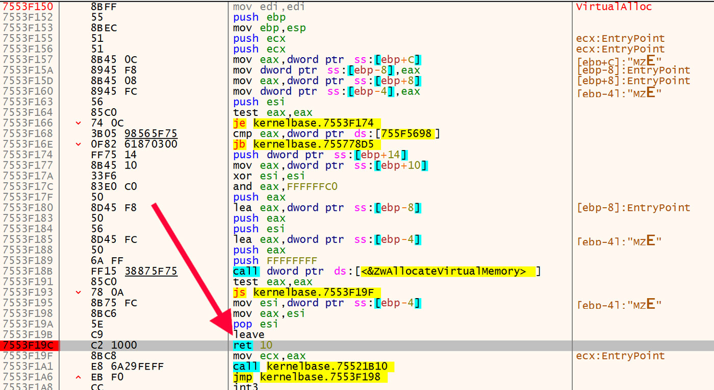 Breakpoint on VirtualAlloc