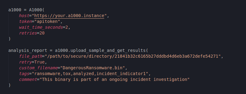 Creating an A1000 request for uploading a file and waiting for the analysis report